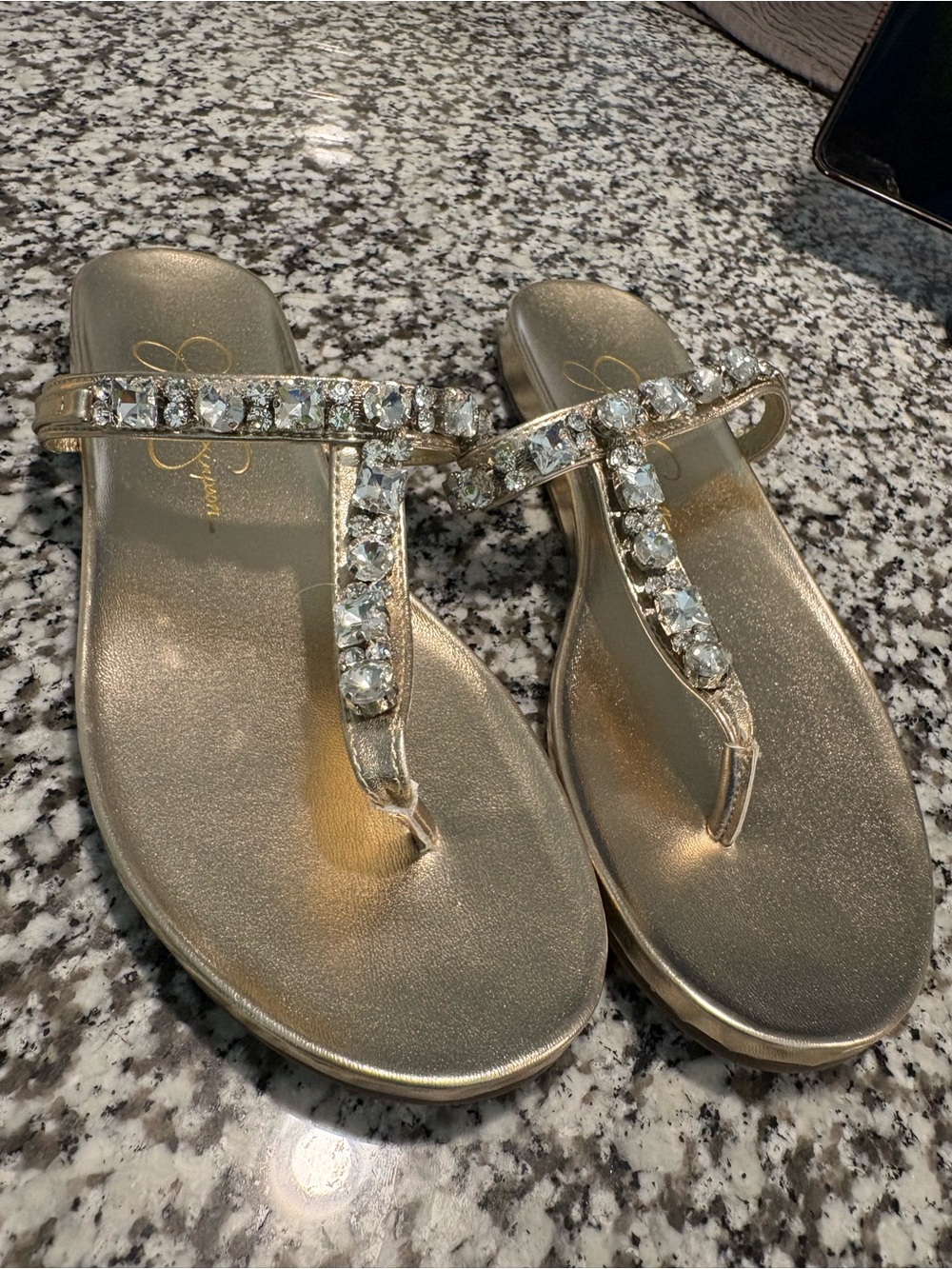 Jessica Simpson Gold Jeweled T-Strap Sandals